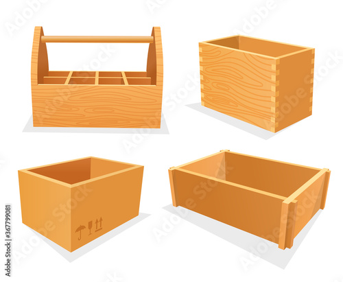 Set of wooden boxes, empty cases or toolbox