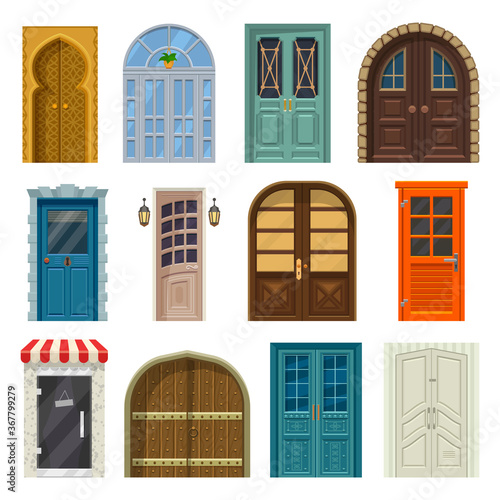Doors, house entrances and cartoon gates fronts