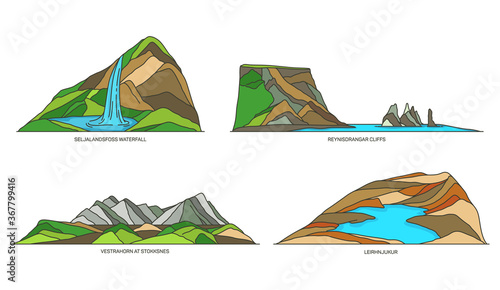 Iceland nature, landmarks and national parks set