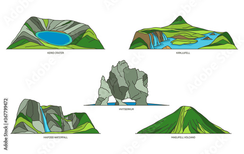 Iceland natural landmarks or travel landscape set
