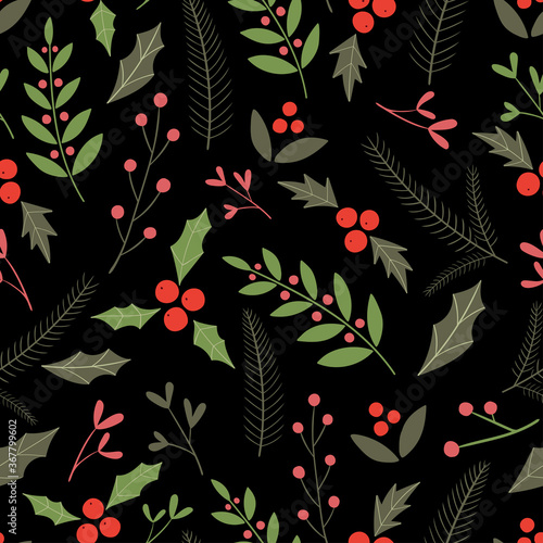 Winter floral pattern. Vector seamless pattern for Christmas, New year with botanical elements. Flat illustration. Decoration for gift wrapping paper, fabric, clothing, textiles, scrapbook.