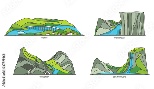 Set of Norway natural landmarks, fjords landscape