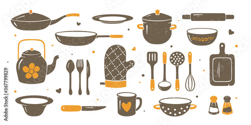 Big set of kitchen household utensil. Knife, plates, mugs, saucepan and other icons of cooking objects. Vector collection of crockery in hand drawn shabby texture style
