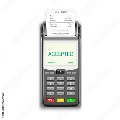 Credit card payment, POS terminal with pay receipt