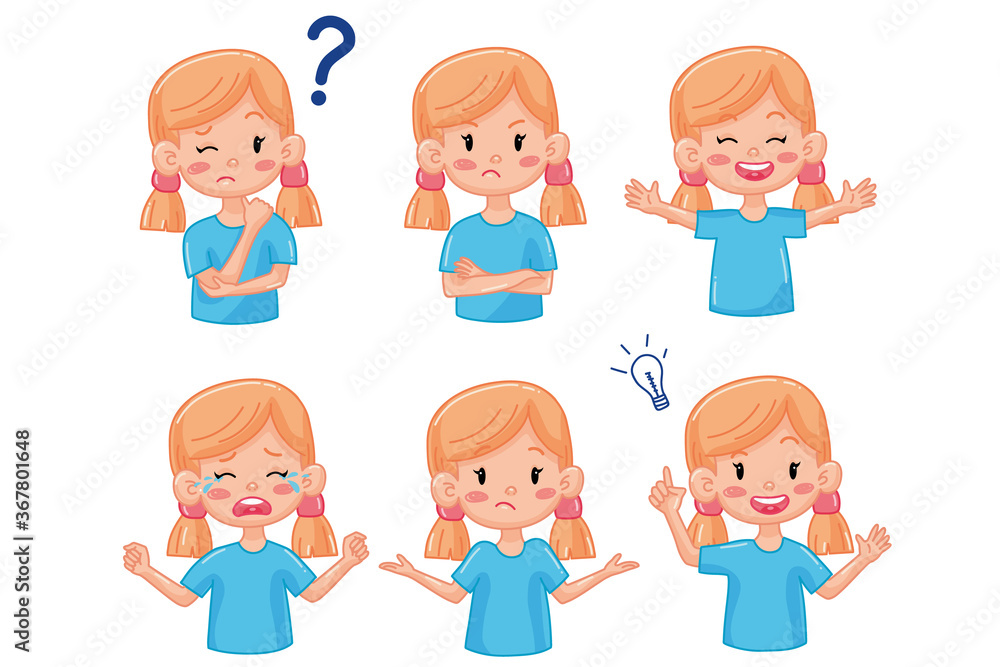 Kid girl with different emotions. Joy, sadness, anger, funny, thinking, smile. Set. Isolated illustration on white background. Vector. Cartoon. Flat. Face expression Kid girl with different emotions. Joy, sadness, anger, funny, thinking, smile. Set. Isolated illustration on white background. Vector. Cartoon. Flat. Face expression