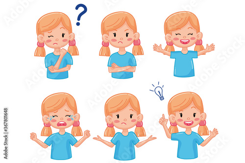 Kid girl with different emotions. Joy, sadness, anger, funny, thinking, smile. Set. Isolated illustration on white background. Vector. Cartoon. Flat. Face expression