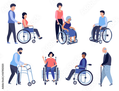 Wheelchair person, Disabled people set. Volunteer helps seniors, Care older people, and Patient health support concept illustration.