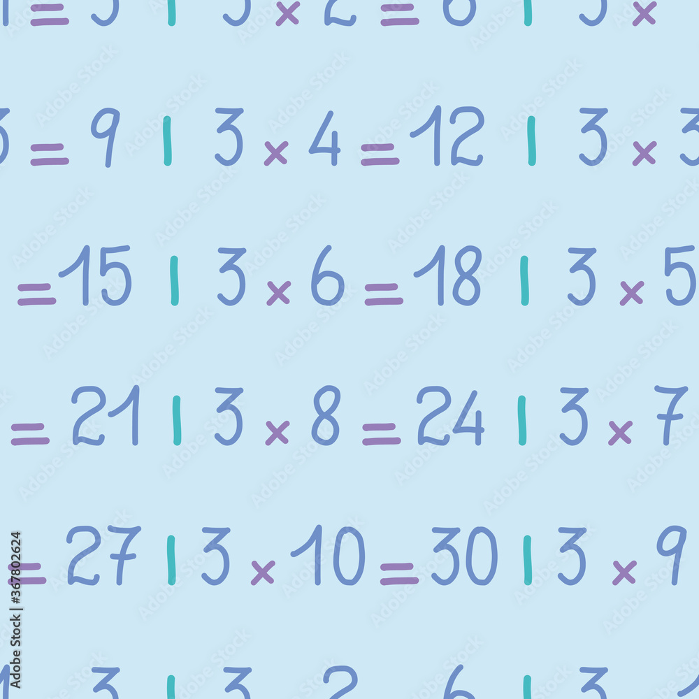 Three times table seamless pattern background. Hand written math vector illustration.