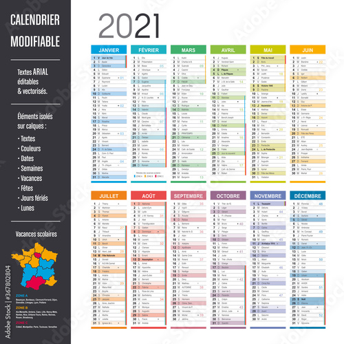 Calendrier 2021 modifiable - Eléments isolés sur calques, textes en Arial, éditables et vectorisés.