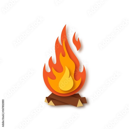 Burning campfire with wood isolated on white background. Bonfire, fireplace, flames. Paper cut out art digital craft style. Vector illustration