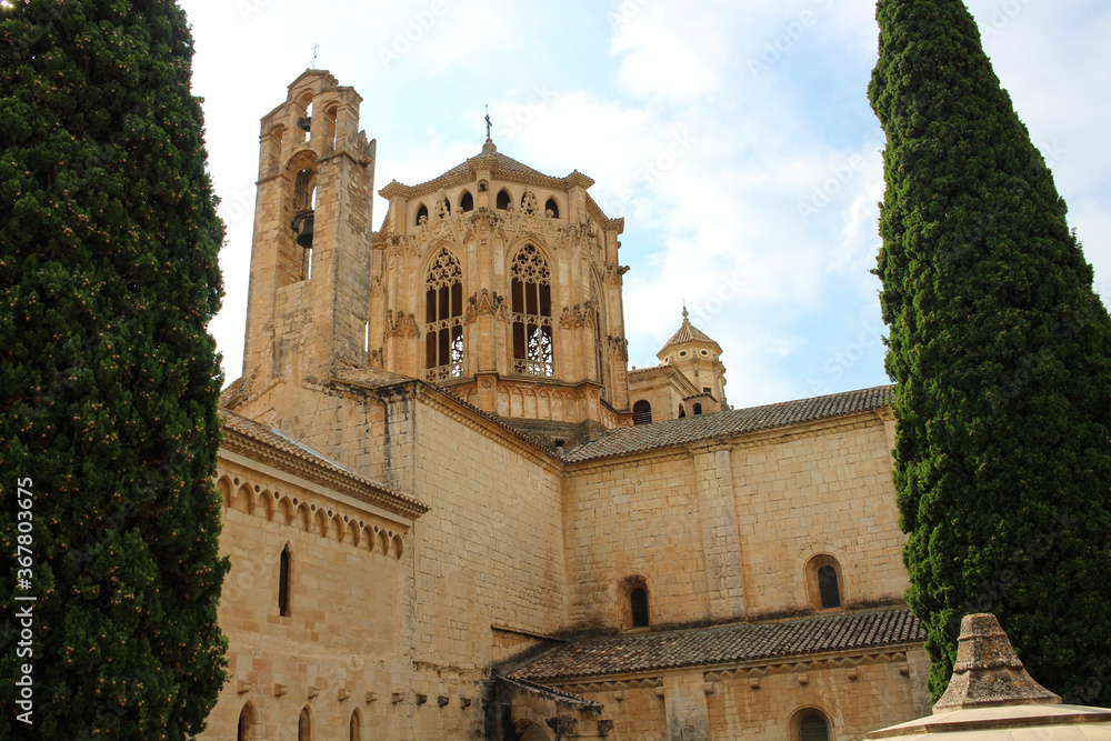 bottom view of the dome-symborio-Gothic tower of the Poblet monastery (cat. Reial Monestir de Santa Maria de Poblet).Vimbodi-and Poblet.