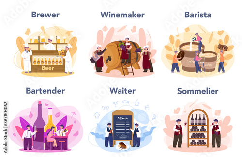 People preparing drink set. Chef in apron making tasty beverage