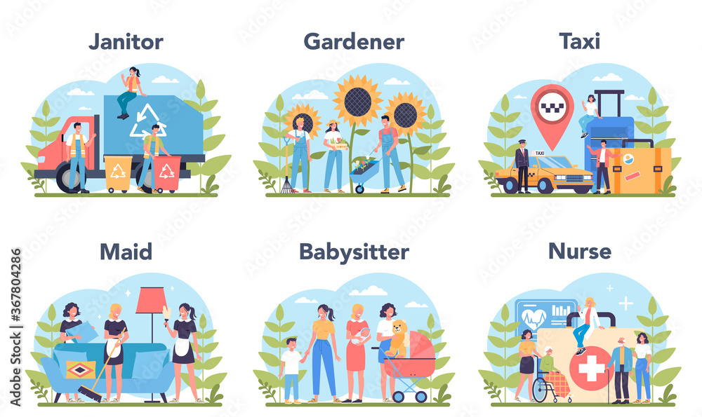 Obraz premium Social profession and service set. Janitor, gardener and taxi.