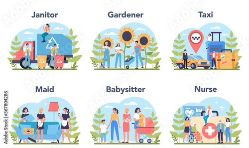 Social profession and service set. Janitor, gardener and taxi.