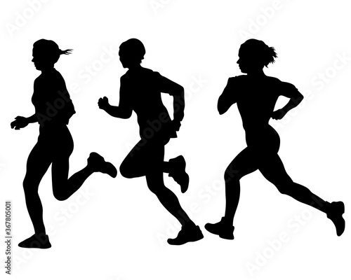 Young athletes run a marathon. Isolated silhouettes on white background