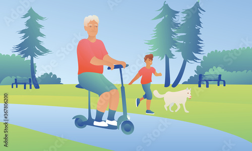 Grandpa rides through the park on an electric scooter with his grandson and a dog. The concept of a healthy lifestyle in nature.