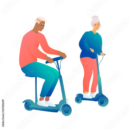 Elderly husband and wife on a white background. Grandma and grandpa riding an electric scooter. The concept of an active lifestyle.