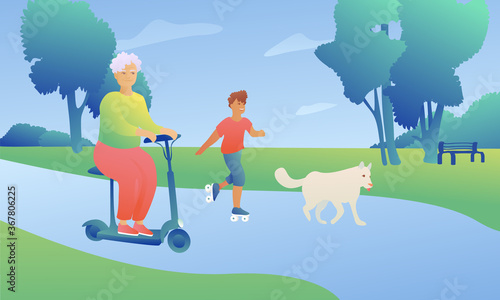 A grandmother on an electric scooter rides through the park with her grandson on roller skates. People ride in the park with a dog.