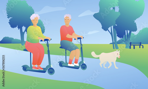 Grandma and grandpa ride an electric scooter through the park. People lead an active lifestyle.