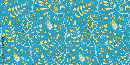 Seamless floral vector pattern with clusters of indian festival flower, leaves, branches inflorescences on turquoise background. Modern art nouveau branches tiles with oriental motif
