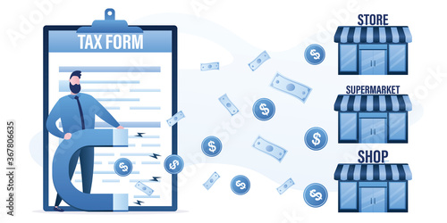 Man inspector with magnet, attract of tax payments. Shops or business pays taxes. Government or bank clerk collects taxes and payments.