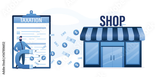 Shop or business pays taxes. Man inspector with magnet, receipt of tax payments. Government or bank clerk collects taxes and payments.