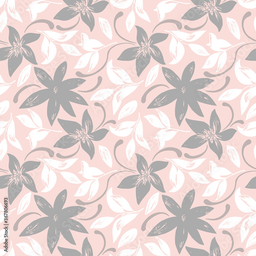 Abstract hand drawn seamless pattern of floral ornament flowers, leaves, branches, curls, flowing lines. Decorative vector illustration for greeting card, invitation, wallpaper, wrapping paper, fabric