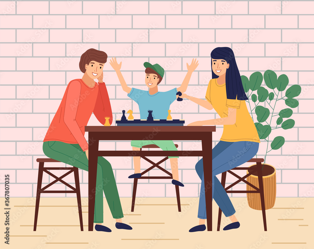 Happy family spend time at home or in cafe. People playing chess, happy smiling. Mother, father, son together at home playing table game. Indoors activity, hobby. Relationships of parents and kids Happy family spend time at home or in cafe. People playing chess, happy smiling. Mother, father, son together at home playing table game. Indoors activity, hobby. Relationships of parents and kids