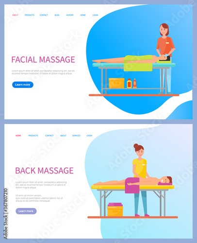 Facial and back massage services vector, masseuse and client. Woman and man under towel on table and salon workers, cream and lotion, online web page