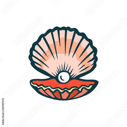 Sea shell, opened oyster with pearl logo, icon. Stock vector illustration on white background.