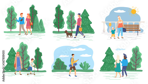 People outdoors, couple or family walking, guy with pet vector. Summer park, friends and nature, teens and children riding skateboard or kick scooter. Spending time outside, men and women illustration