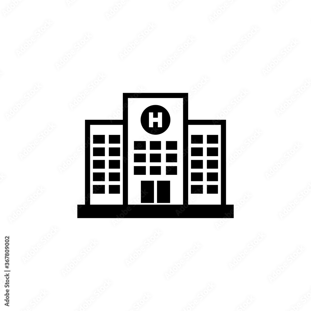Medical Hospital Building, Infirmary Structure. Flat Vector Icon illustration. Simple black symbol on white background. Medical Hospital Building sign design template for web and mobile UI element.