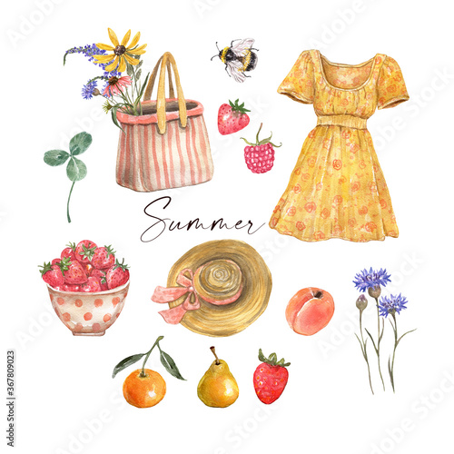Watercolor set with elements of summer vacations. Hand painted wildflowers, s...