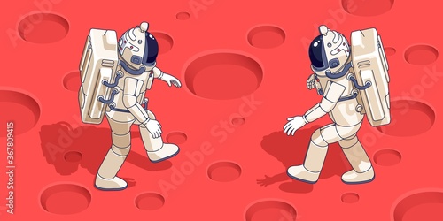 Isometric Astronaut on planet surface. Spaceman in spacesuit walking on Mars. Vector illustration.
