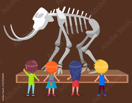 Children in natural history museum. Exhibition with skeleton of mammoth with big white tusks and bones. Four kids standing near exhibit in hall and looking on it. Flat cartoon vector illustration