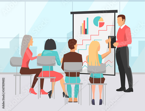 Conference of employees vector, business education. Presentation with charts and information on project stats, man and woman listening to boss strategy