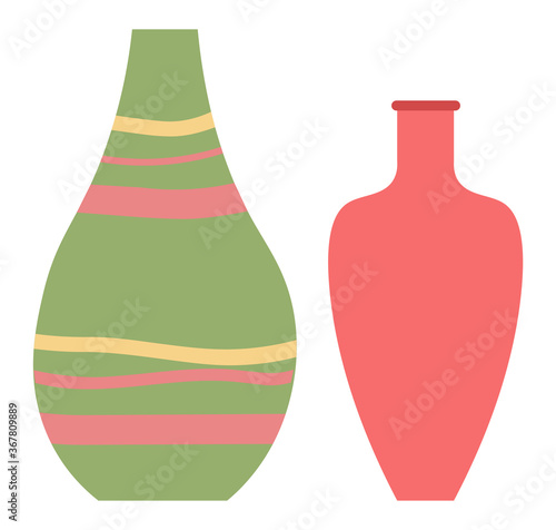 Set of striped vase isolated on white. Crockery decorative jar with waves ornament, color pot in flat style design, ceramic flowerpot. Handmade items from clay. Vase for flowers. Vector illustration