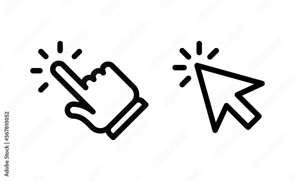 Hand and arrow clicking pointers. Click icons. Hand and arrow clicking pointers. Click icons.