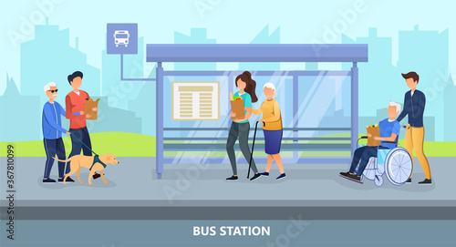 Young people helping erderly at the bus stop. Blind man with guide dog, old woman with a cane, elderly man in a wheelchair. Social helping concept. Vector illustration.