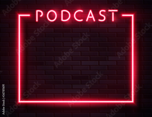 Vector Retro Neon Red Podcast Frame on Dark Background