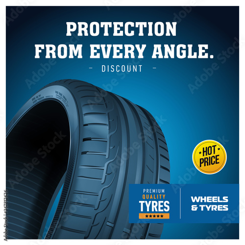 Tires car advertisement poster. Black rubber tyre. Realistic vector shining disk car wheel tire. Information. Store. Action. Landscape poster, digital banner, flyer, booklet, brochure and web design.