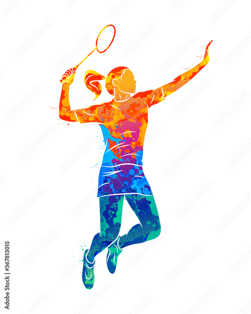 Abstract young woman badminton player jumping with a racket from splash of watercolors. Vector illustration of paints - obrazy, fototapety, plakaty 