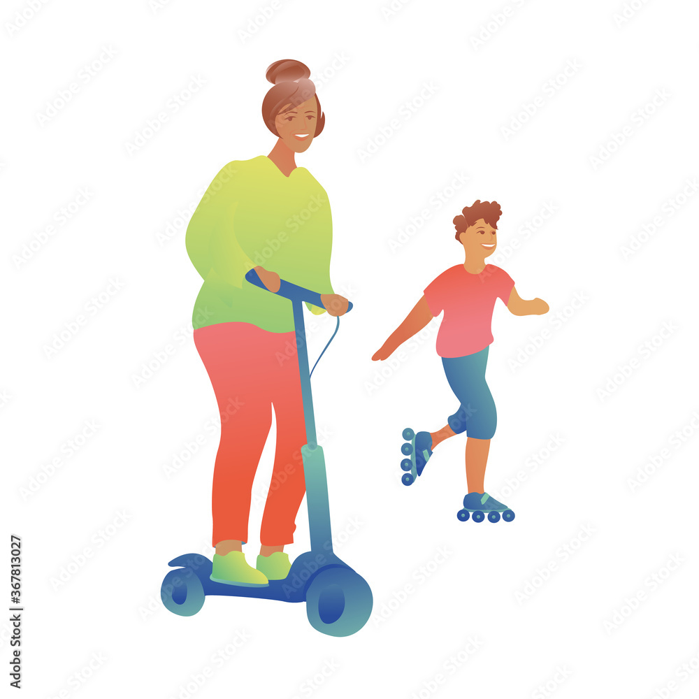 Adult woman on an electric scooter with a child on rollers on a white background. Sports family concept. Adult woman on an electric scooter with a child on rollers on a white background. Sports family concept.