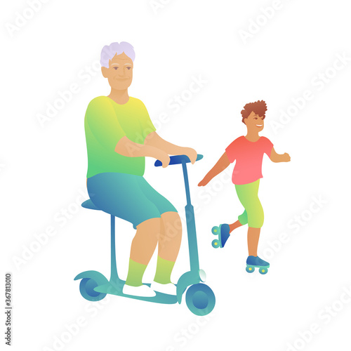 Sports grandfather on electric scooter with grandson on rollers. Grandfather with his grandson on a white background, active lifestyle concept.