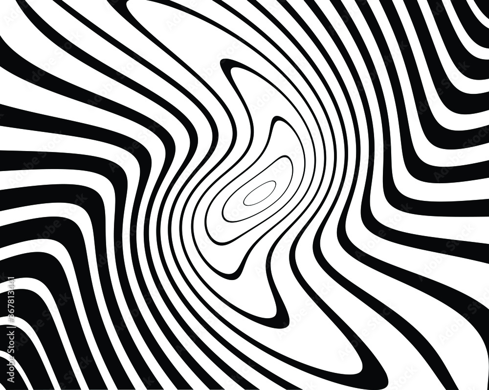 Opt Art style background. Volume of Black and white strips or lines optical horizontal illusion.Abstract pattern. Texture with wavy, billowy lines. Wave design black and white 