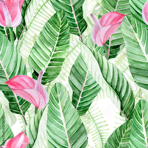 watercolor seamless pattern. tropical leaves and flowers. green leaves of palm tree and pink flowers on a white background. jugli, exotic plants, summer print. background for fabric, wallpaper, texti photo