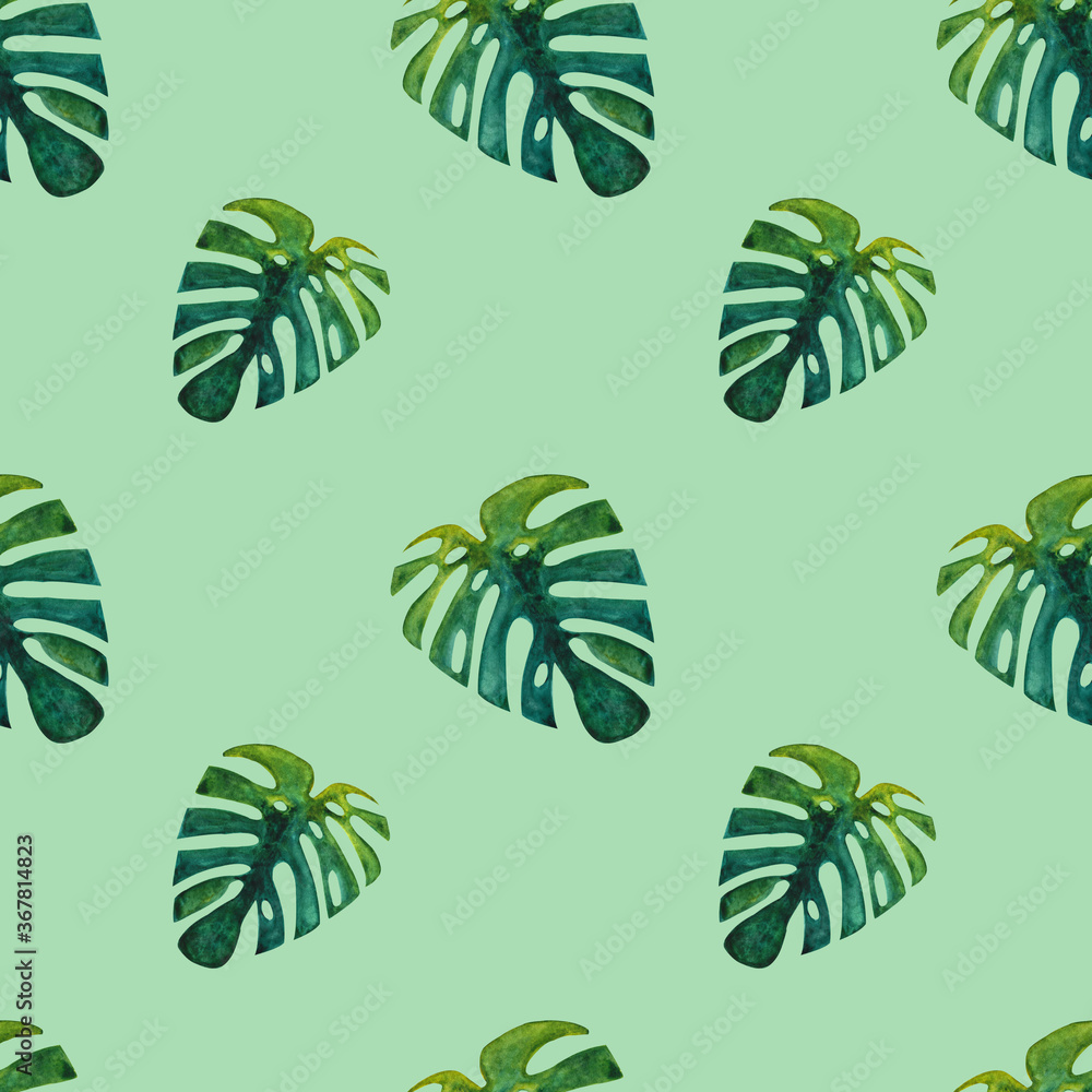 Fototapeta premium Watercolor hand drawn seamless tropical pattern with monstera leaf. Endless texture for design on green background