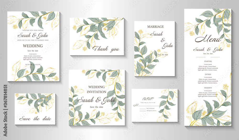 Wedding invitation with leaves, watercolor, isolated on white. Vector Watercolor.