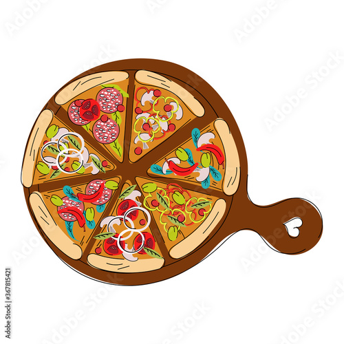 Vector illustration of pizza on a wooden board. Hot stand. Food. Ingredients sliced ​​sausage slices, champignon mushrooms, sweet and hot peppers, olives, onion rings, sliced ​​tomato, culinary herbs