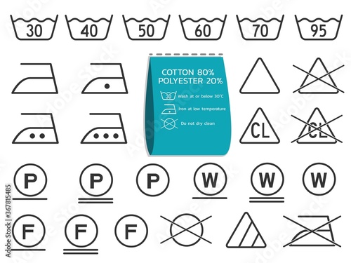 laundry symbols set; signs for garments industry usage or element for label fashion fabric icons with label information flat vector design 